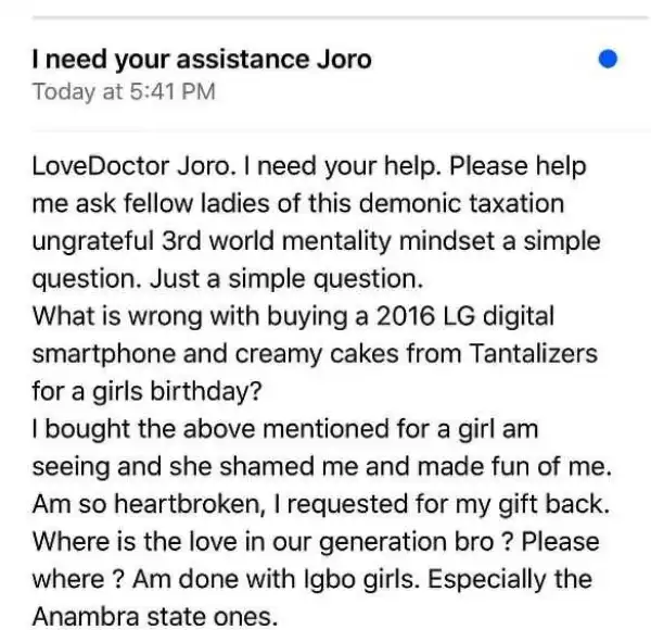 So Hilarious: Man Cries Out about Unfair Treatment by Anambra Girl
